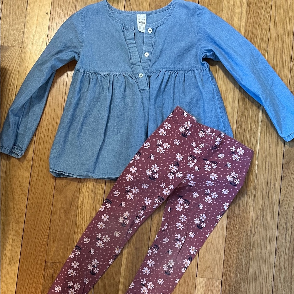 Carter's set Denim Button-Up Shirt with maroon flower pants